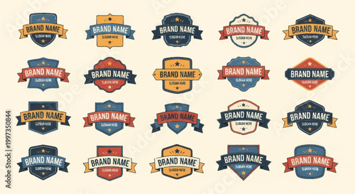 Collection of vintage brand name logos and badges.