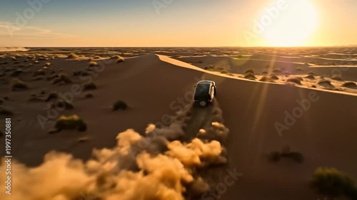 Desert Adventure - Off-Road Vehicle Thrills in the Dunes at Sunset.