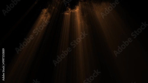God rays through smoke. Light leak from above through moving smoke. Rays of light through drifting smoke