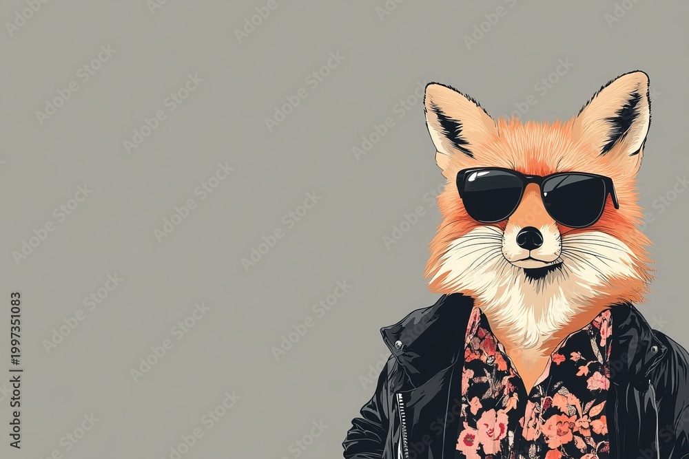 Fototapeta premium Cool fox wearing funky clothes and sunglasses with a stylish pose set against a plain background