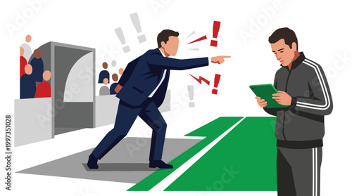 Soccer coach shouting at an assistant coach during a football match on a field.