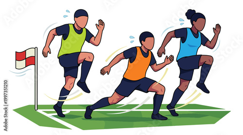 Athletes in colorful training bibs performing high knee sprints and agility drills on soccer pitch.