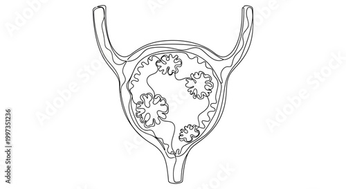 Abstract illustration of a cross-section of the bladder with internal structures, rendered in a continuous line art style for medical or scientific representation