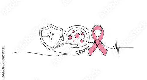 Continuous line art illustration representing healthcare, protection, and breast cancer awareness with a ribbon and a heartbeat pulse