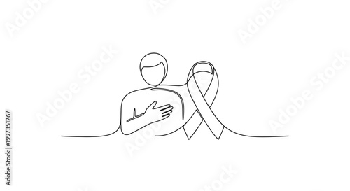 Continuous line art illustration of a person holding a cancer awareness ribbon over their heart symbolizing hope and support for a cause
