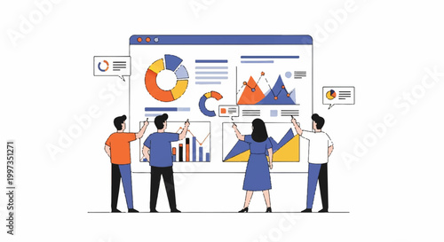 Business team collaborating to analyze financial data and marketing reports displayed on a large interactive screen using modern technology.