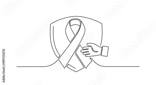 Continuous line art of a hand supporting a shield with a cancer awareness ribbon, symbolizing hope and solidarity