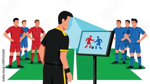 Football referee reviewing play on video assistant referee monitor while soccer players wait nearby.