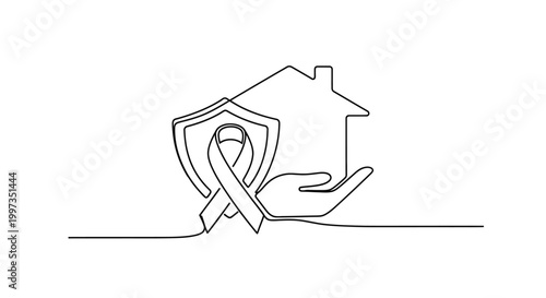 Continuous line art illustration of a hand holding a house with a shield and ribbon symbol, representing safety, home protection, and awareness
