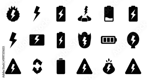 Battery Energy Level and Electric Power Bolt Symbol Set