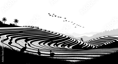 Rice terraces with farmers working.