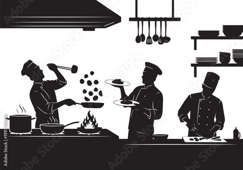 Black silhouette of three chefs cooking in a kitchen