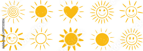 Set of yellow sun icons with different smiling faces hearts rays minimal flat vector illustration isolated on white background design