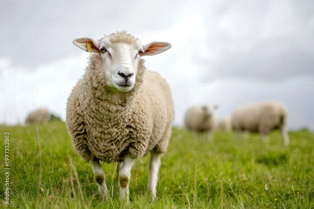 Fototapeta premium Funny sheep stands in a green field with other sheep grazing under a cloudy sky