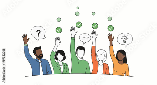 Diverse group of professional people raising their hands to participate in a collaborative meeting and share creative new ideas