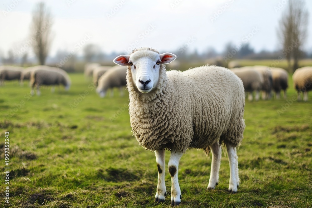 Fototapeta premium Funny sheep enjoying a sunny day on a green field with other sheep grazing nearby during spring