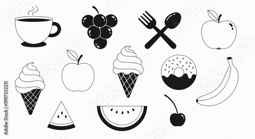 Sweet Snacks and Fresh Fruits Vector Doodle Set