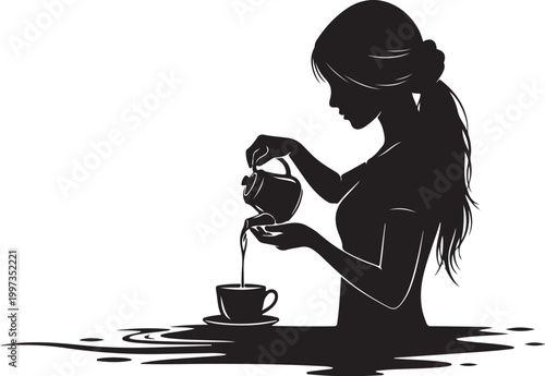Black silhouette woman pouring tea into cup on saucer