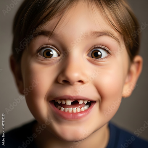 A young child with wide eyes smiles showing a missing front tooth joyfully