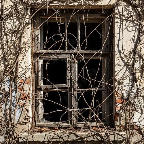 An overgrown window frame with bare thorny vines covering an old abandoned building facade.
