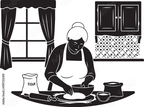 Black woman baking with flour on kitchen counter apron
