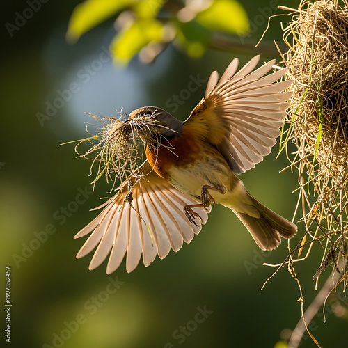 A small bird flies with nesting material towards a meticulously built bird nest.