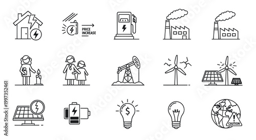 Energy Crisis and Renewable Energy Line Icon Set