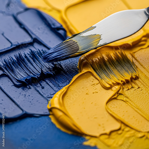 A metal palette knife smears thick blue and yellow oil paint on a surface.