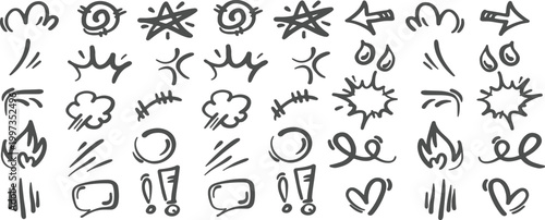 Hand-drawn doodle vector icons – playful sketch-style comic symbols with arrows, bursts, clouds, hearts, and speech bubbles on transparent background