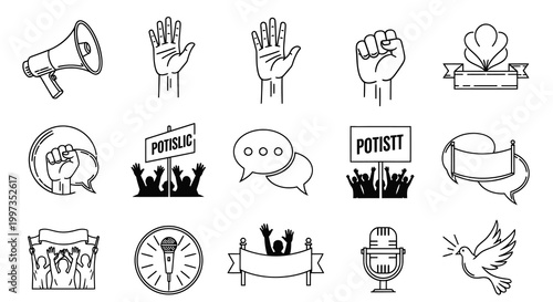 Human Rights and Freedom of Expression Line Icons