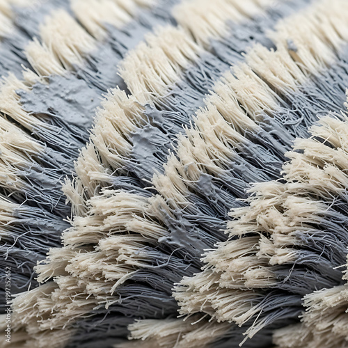 A detailed macro shot reveals a dense, abstract pattern of gray and white fibrous textures creating a unique background.