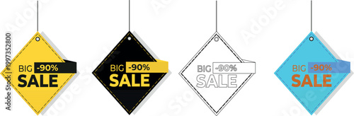 Big sale discount tag vector set. Hanging price tags with 90 percent off in yellow, black, white and blue for shop and promotion. High quality sale label design. EPS10