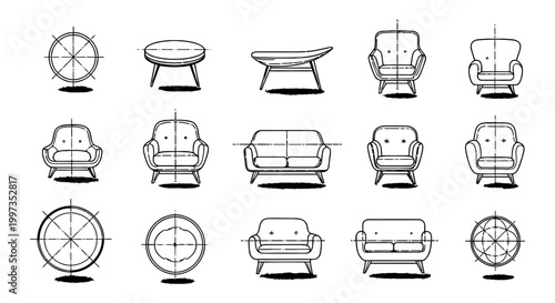 architectural furniture line drawings sofa and armchair icons for interior design plans
