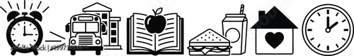 School Day Icons: Alarm Clock, Bus, Book, Sandwich, House, Clock