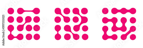Meta ball Set. Diagonal meta ball connected circles shape. Abstract nerve cell dots or computer nano net. Vector Connect Circle Shapes. Abstract Geometric Dots. Square spotted graphic design elements.