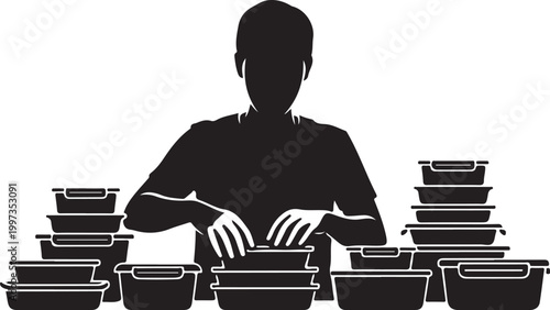 Man arranging black plastic food containers silhouette