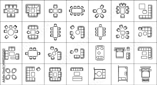 collection of top-down view furniture arrangements and seating plans