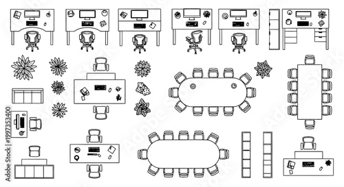 office floor plan layout top view modern workspace design with desks chairs and plants