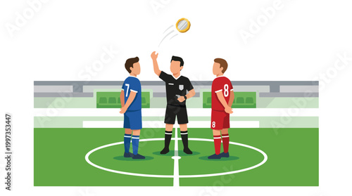 Referee tossing coin at center circle with team captains in blue and red uniforms before start match.