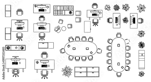 office furniture and layout plan for modern workspace cad drawing vector