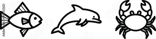 Simple Line Art Icons: Fish, Dolphin, Crab - Marine Life Collection
