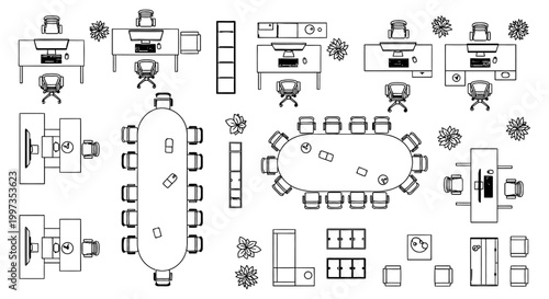 overhead view of office furniture and workstations with computers and chairs modern office layout