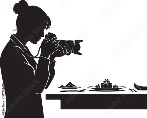 Silhouette of woman photographing desserts on table camera