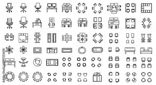 overhead view of office furniture icons desk chairs tables floor plan