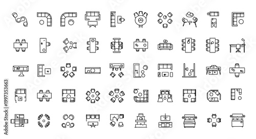 top view collection of line drawings of office and home furniture arrangements