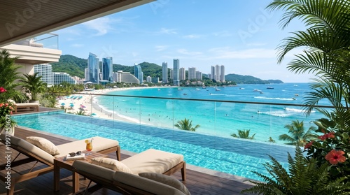 Luxurious Infinity Pool Overlooking a Tropical Beach Cityscape.