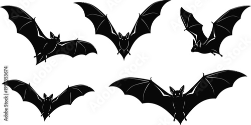 Collection of five black bat silhouettes in various flying poses on a white background, animal creature