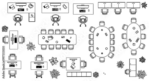 top view of modern office layout with desks chairs and meeting tables