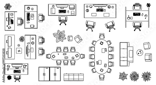 top view of modern office layout with desks chairs and plants for interior design