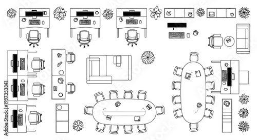 top view of modern office layout with workstations and conference room